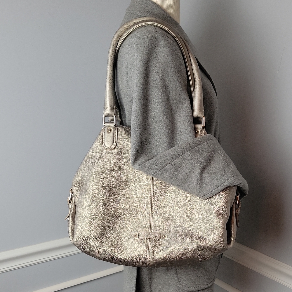 COLE HAAN Metallic Gold‎ Pebble Grain Leather Preppy Designer Hobo Shoulder Bag